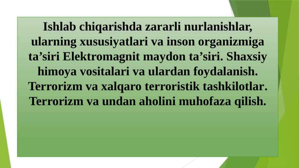 Ishlab chiqarishda zararli nurlanishlar, ularning xususiyatlari va inson organizmiga ta’siri Elektromagnit maydon ta’siri.