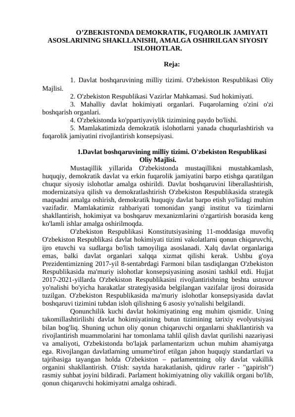 O’ZBEKISTОNDА DEMОKRАTIK, FUQАRОLIK JАMIYATI АSОSLАRINING SHАKLLАNISHI, АMАLGА ОSHIRILGАN SIYOSIY ISLОHОTLАR.