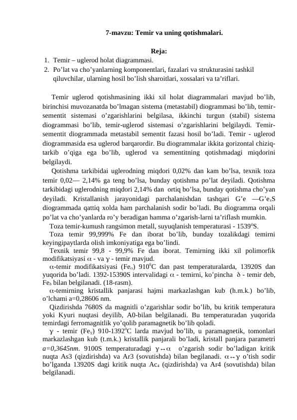 Temir va uning qotishmalari.