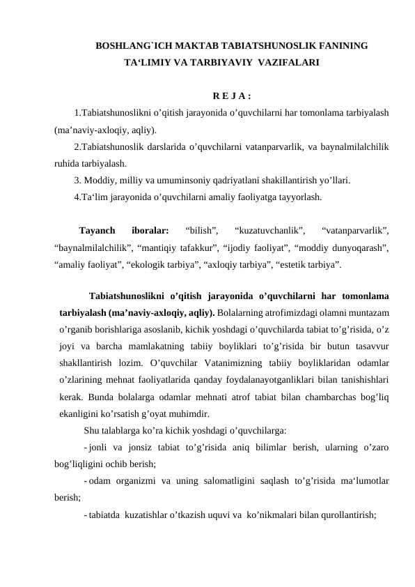 BOSHLANG`ICH MAKTAB TABIATSHUNOSLIK FANINING TA‘LIMIY VA TARBIYAVIY VAZIFALARI