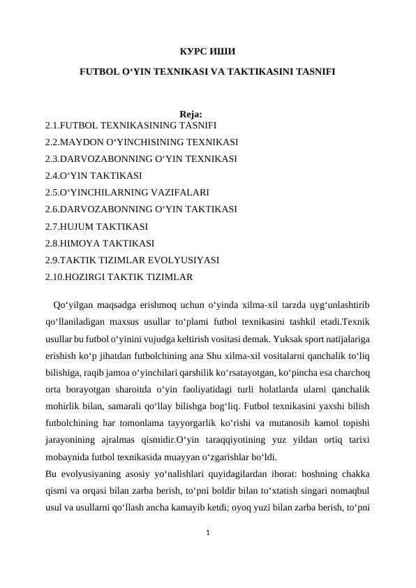 FUTBOL O‘YIN TEXNIKASI VA TAKTIKASINI TASNIFI