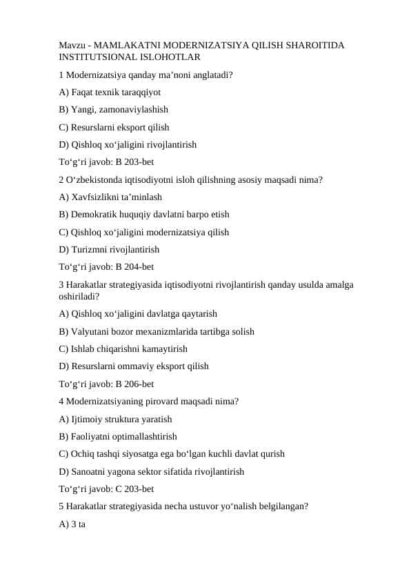 MAMLAKATNI MODЕRNIZATSIYA QILISH SHAROITIDA INSTITUTSIONAL ISLOHOTLAR