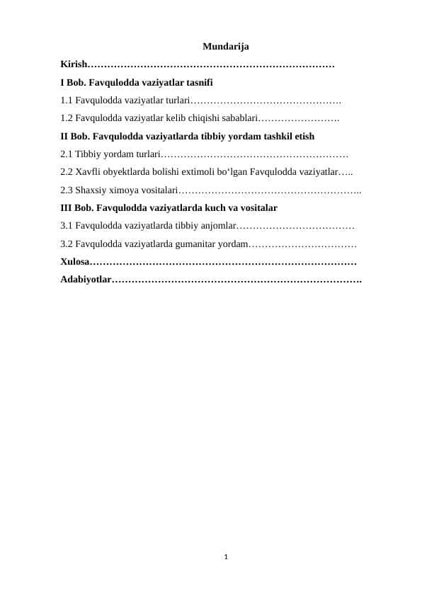 Favqulotda vaziyatlarda aholiga birinchi tibbiy yordam tashkil etish