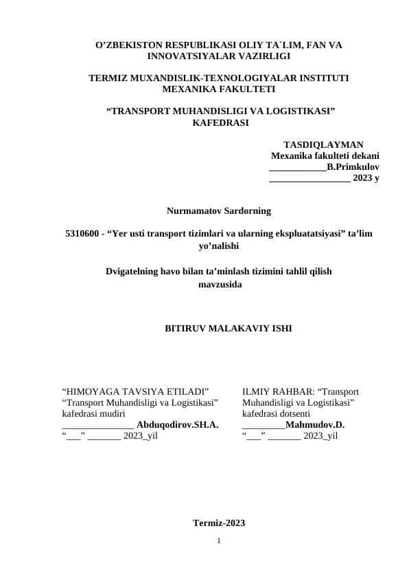 Dvigatelning havo bilan ta’minlash tizimini tahlil qilish