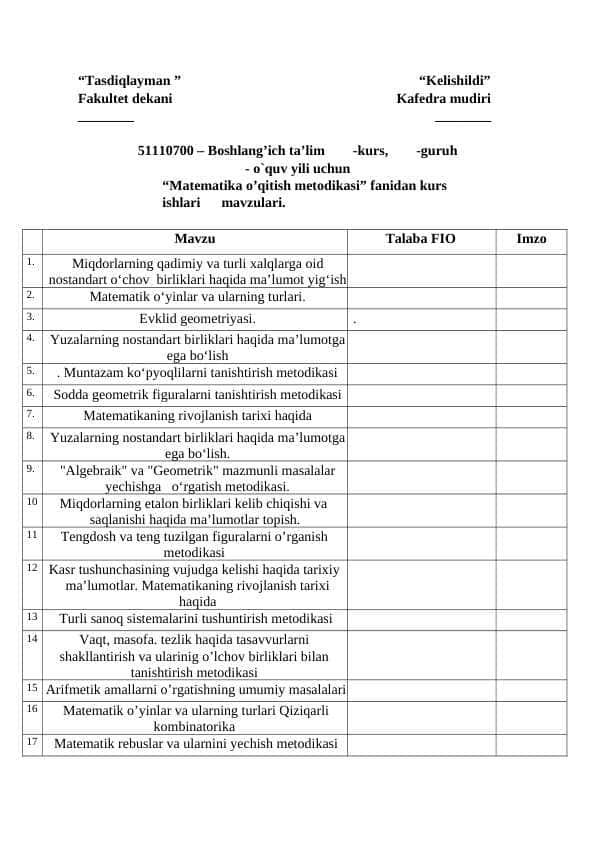 kurs ishi mavzulari