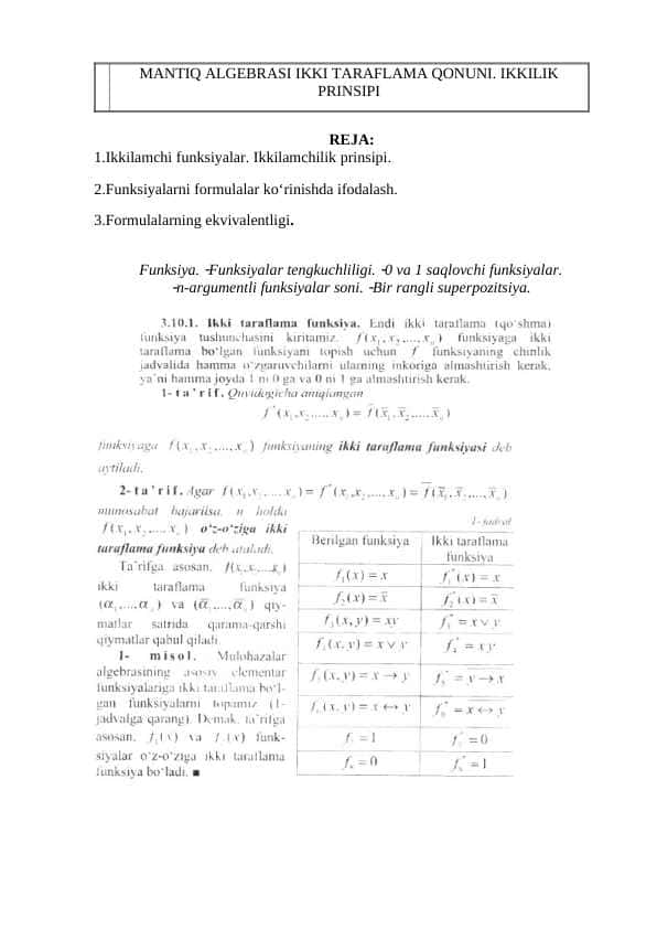 MANTIQ ALGEBRASI IKKI TARAFLAMA QONUNI. IKKILIK PRINSIPI