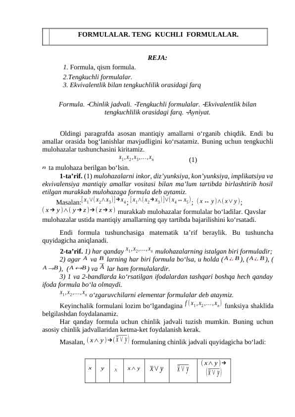 FORMULALAR. TENG KUCHLI FORMULALAR