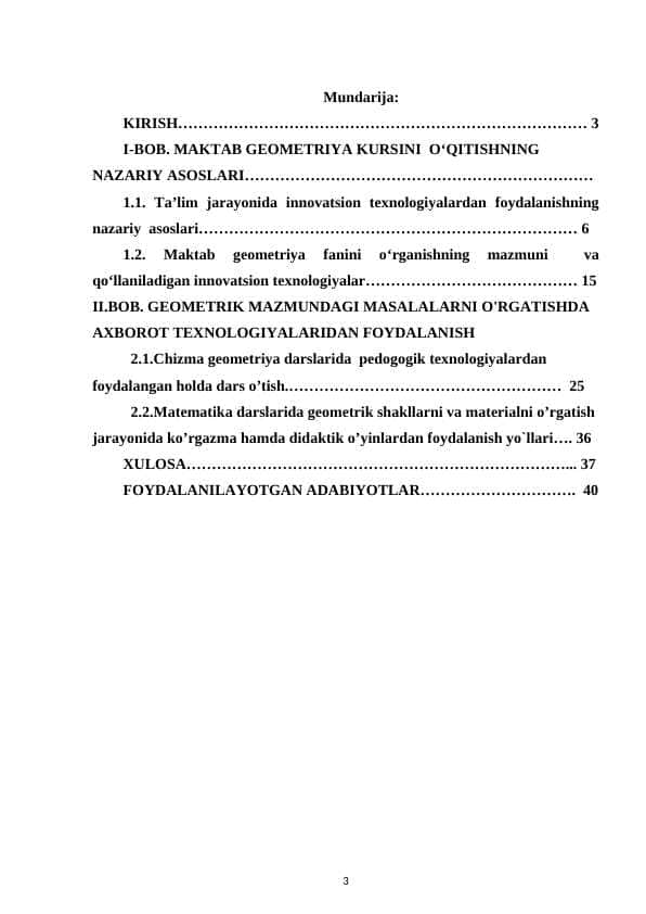Geometriyani o'qitishda innovatsion axborot texnologiyalaridan foydalanish ( kurs ishi)