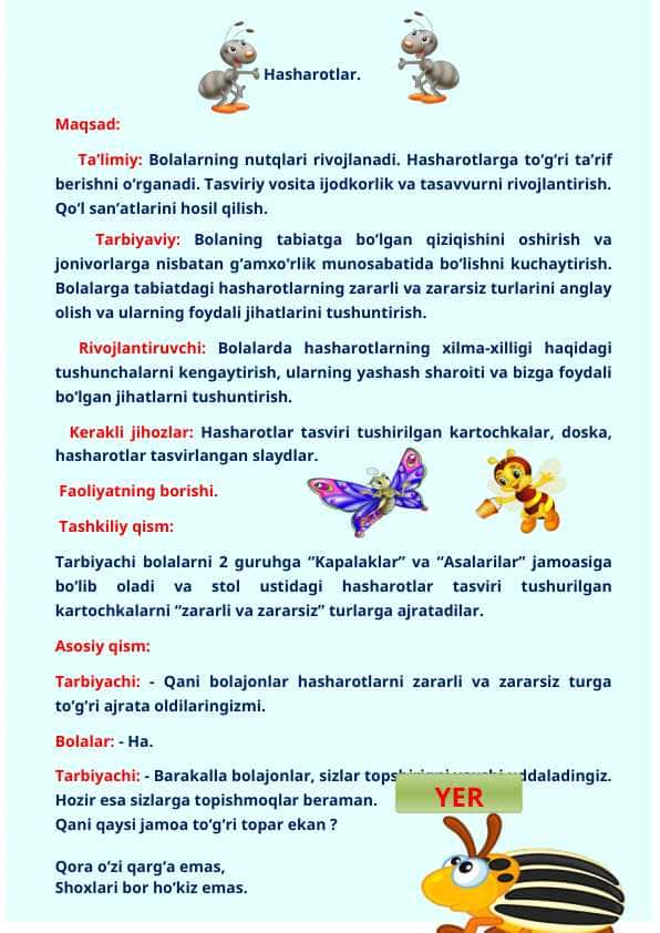 Hasharotlar mavzusida rang barang dars ishlanma