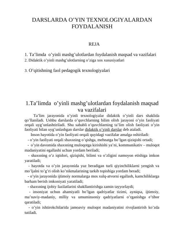 Darslarda oʻyin texnologiyalardan foydalanish