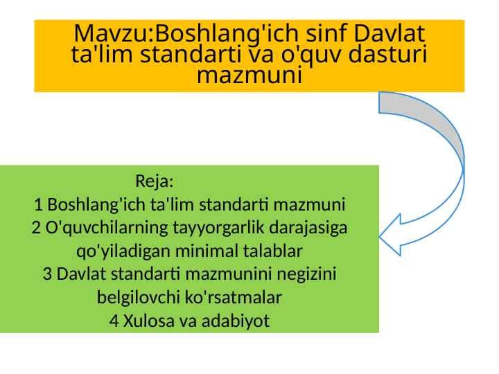 Boshlang'ich sinf Davlat ta'lim standarti va o'quv dasturi mazmuni