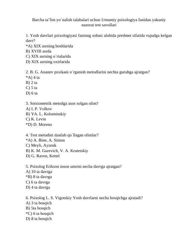 Umumiy psixologiya fanidan yakuniy nazorat test savollari javoblari bilan