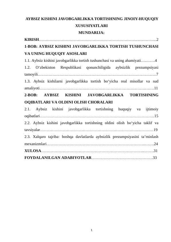 AYBSIZ KISHINI JAVOBGARLIKKA TORTISHNING JINOIY-HUQUQIY XUSUSIYATLARI 25 kurs ishi