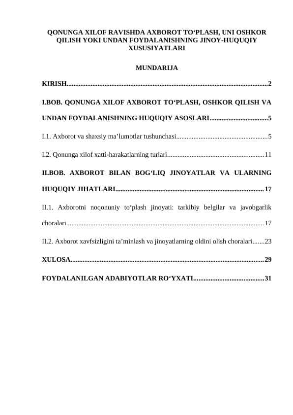 QONUNGA XILOF RAVISHDA AXBOROT TO‘PLASH, UNI OSHKOR QILISH YOKI UNDAN FOYDALANISHNING JINOY-HUQUQIY XUSUSIYATLARI 25 KURS ISHI