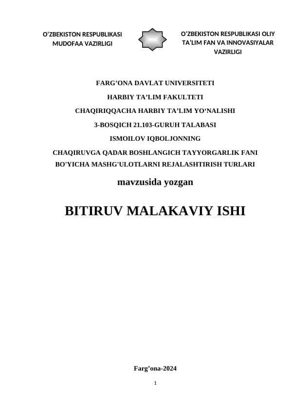 CHAQIRUVGA QADAR BOSHLANGICH TAYYORGARLIK FANI BO'YICHA MASHG'ULOTLARNI REJALASHTIRISH TURLARI