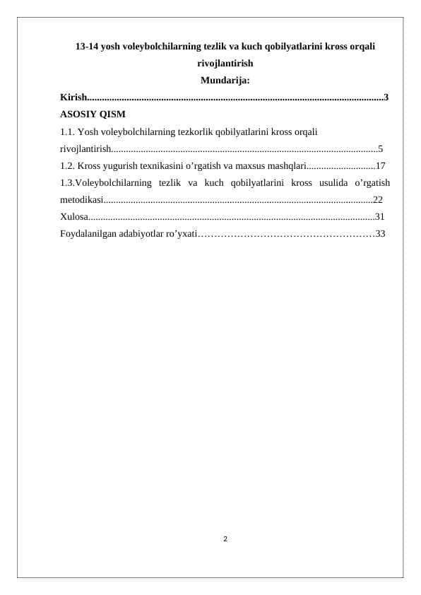 13-14 yosh voleybolchilarning tezlik va kuch qobilyatlarini kross orqali rivojlantirish