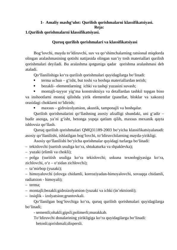 Qurilish qorishmalarni klassifikatsiyasi.