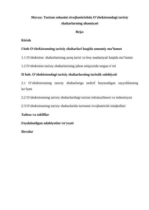 Turizm sohasini rivojlantirishda O’zbekistondagi tarixiy shaharlarning ahamiyati