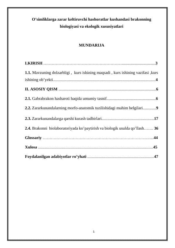 O’simliklarga zarar keltiruvchi hashoratlar kushandasi brakonning biologiyasi va ekologik xususiyatlari