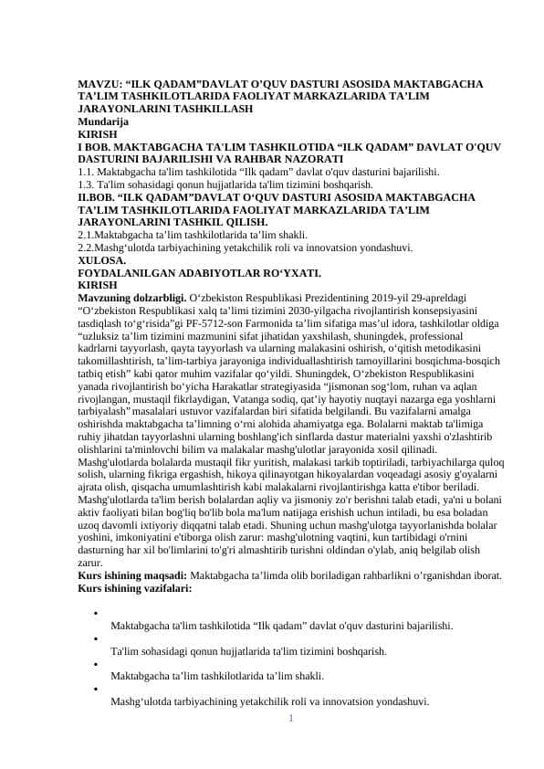 ILK QADAM”DAVLAT O’QUV DASTURI ASOSIDA MAKTABGACHA TA’LIM TASHKILOTLARIDA FAOLIYAT MARKAZLARIDA TA’LIM JARAYONLARINI TASHKILLASH