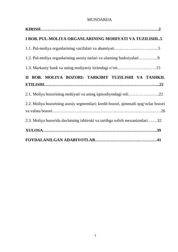 Pul-moliya organlari va moliya bozori. tarix kurs ishi