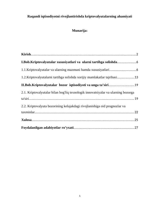 Raqamli iqtisodiyotni rivojlantirishda kriptovalyutalarning ahamiyati