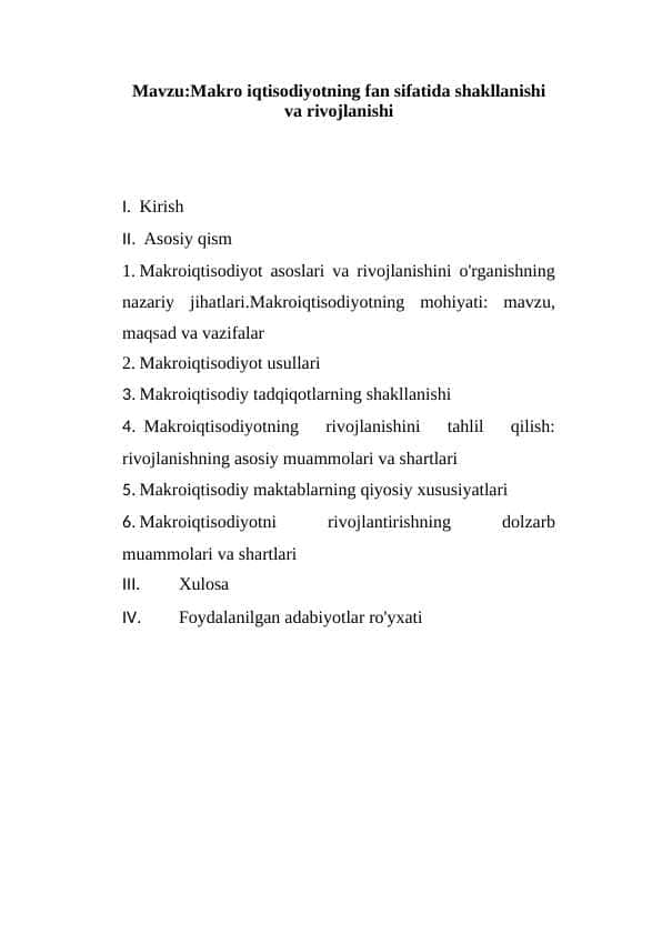 Makro iqtisodiyotning fan sifatida shakllanishi va rivojlanishi