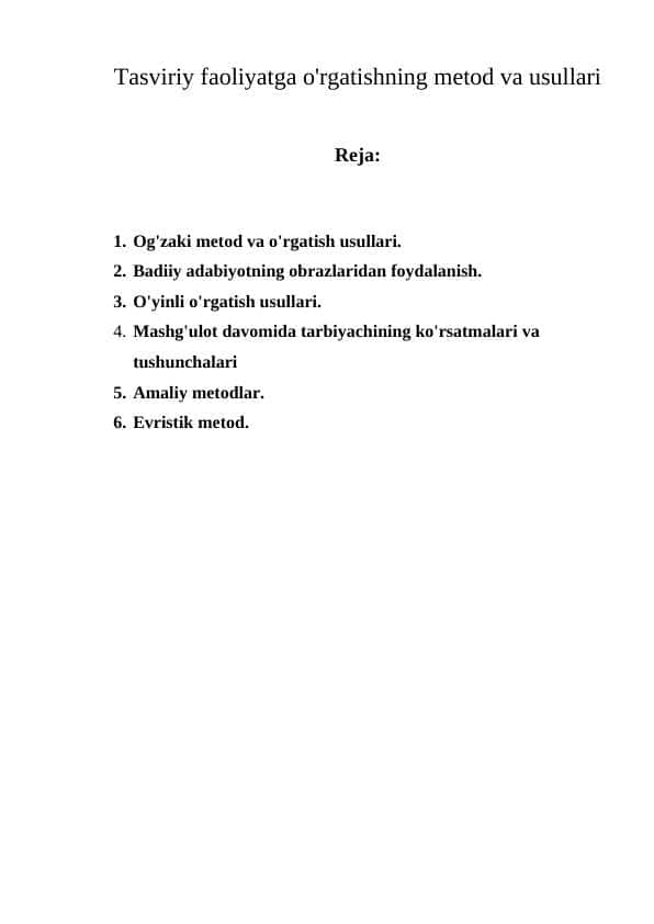 Tasviriy faoliyatga o'rgatishning metod va usullari
