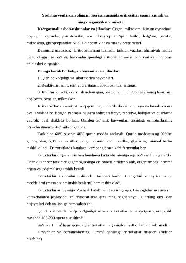 Yosh hayvonlardan olingan qon namunasida eritrositlar sonini sanash va uning diagnostik ahamiyati