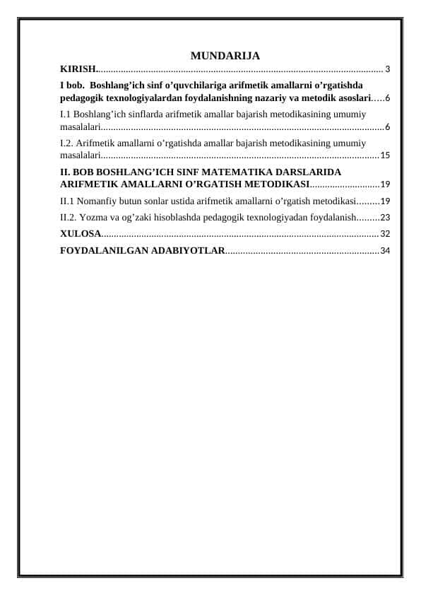 Boshlang’ich sinf o’quvchilariga arifmetik amallarni o’rgatishda pedagogik texnologiyalardan foydalanishning nazariy va metodik asoslari