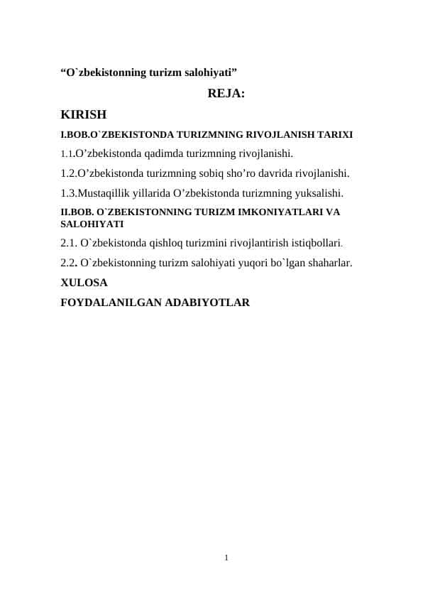 “O`zbekistonning turizm salohiyati”