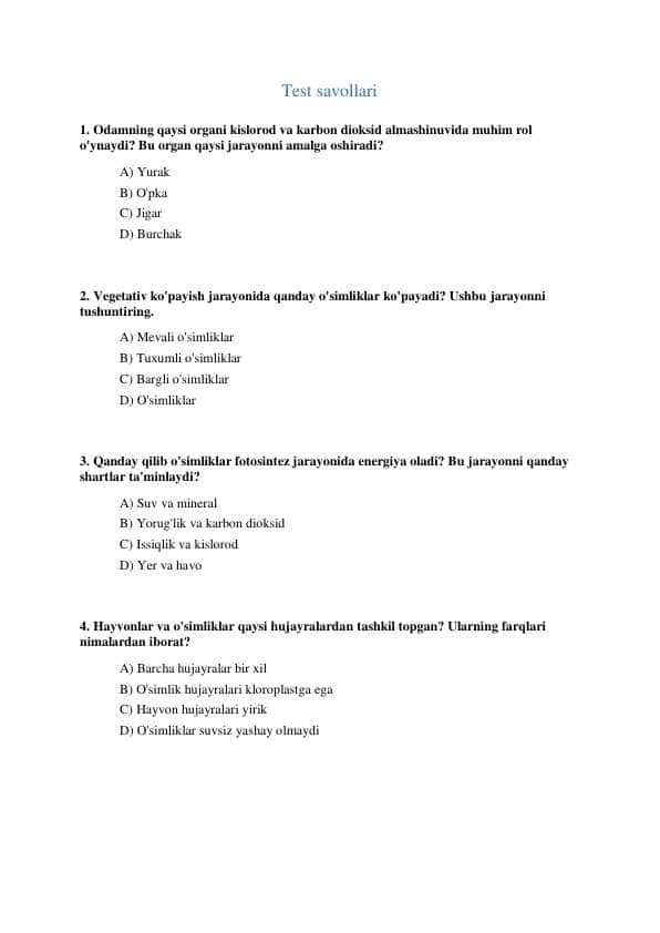 Biologiya fanidan mavzulashtirilgan testlar, 6-sinf