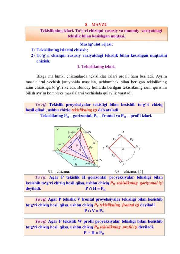 Tekislikning izlari. Toʻgʻri chiziqni xususiy va umumiy vaziyatdagi tekislik bilan kesishgan nuqtasi.