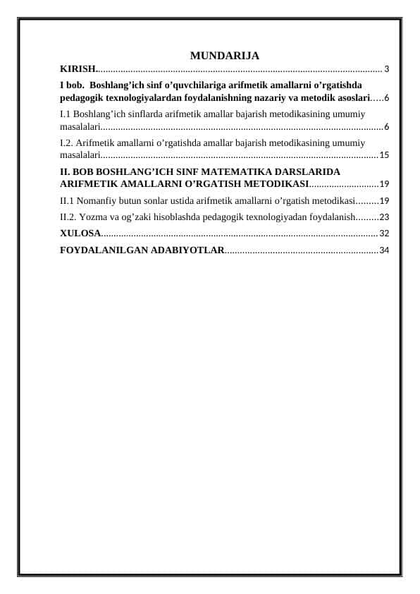 I bob. Boshlang’ich sinf o’quvchilariga arifmetik amallarni o’rgatishda pedagogik texnologiyalardan foydalanishning nazariy va metodik asoslari 6