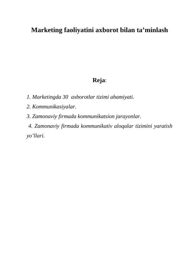 Marketing faoliyatini axborot bilan ta’minlash