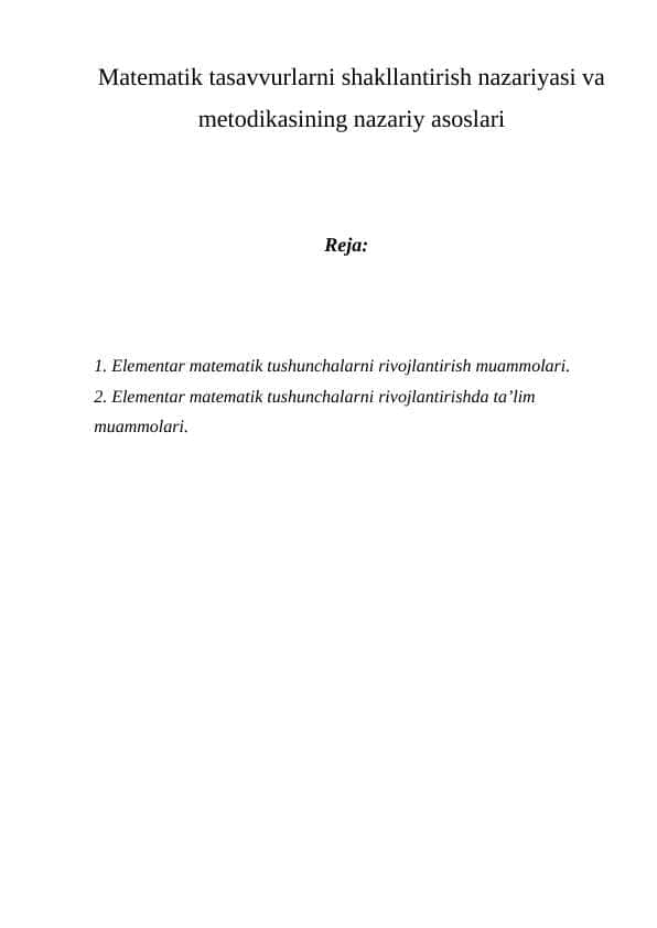 Matematik tasavvurlarni shakllantirish nazariyasi va metodikasining nazariy asoslari