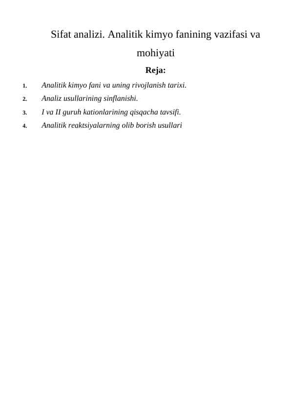 Sifat analizi. Analitik kimyo fanining vazifasi va mohiyati