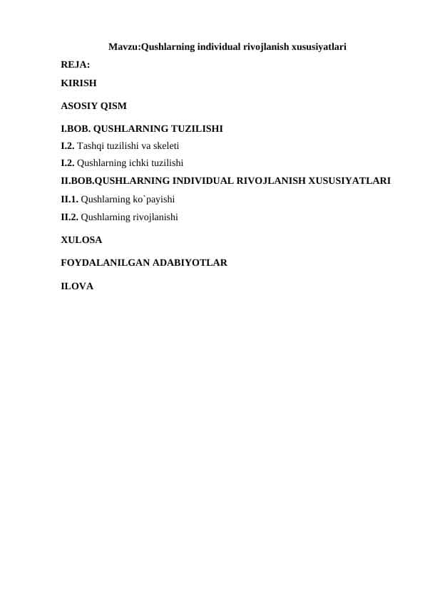 Qushlarning individual rivojlanish xususiyatlari