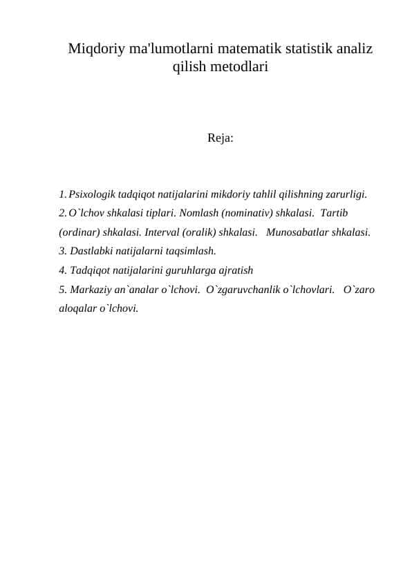 Miqdoriy ma'lumotlarni matematik statistik analiz qilish metodlari