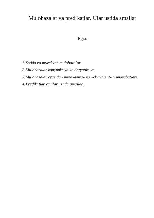 Mulоhazalar va predikatlar. Ular ustida amallar