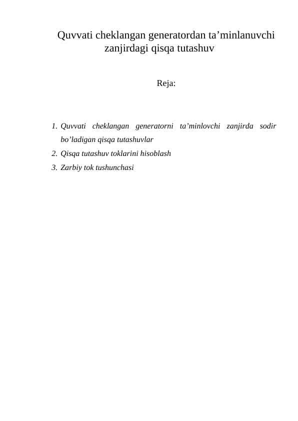 Quvvati cheklangan generatordan ta’minlanuvchi zanjirdagi qisqa tutashuv
