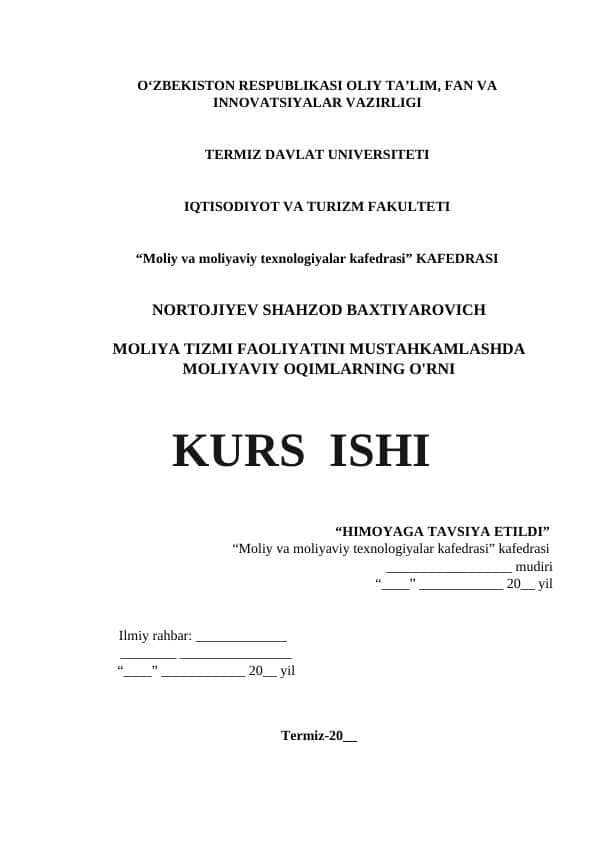 MOLIYA TIZMI FAOLIYATINI MUSTAHKAMLASHDA MOLIYAVIY OQIMLARNING O'RNI