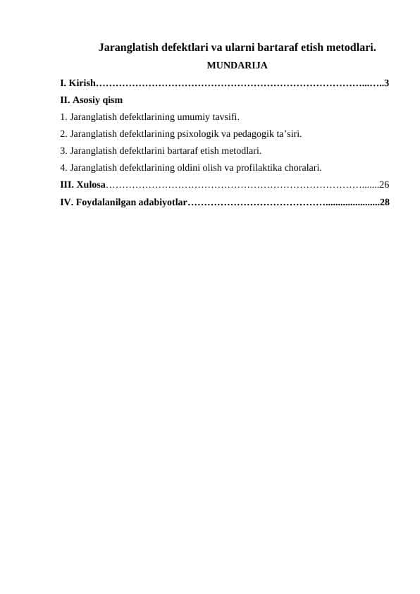 Jaranglatish defektlari va ularni bartaraf etish metodlari.