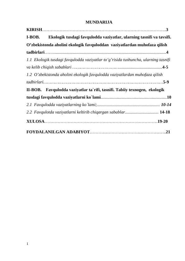 O’zbеkistonda aholini ekologik favquloddan vaziyatlardan muhofaza qilish tadbirlari