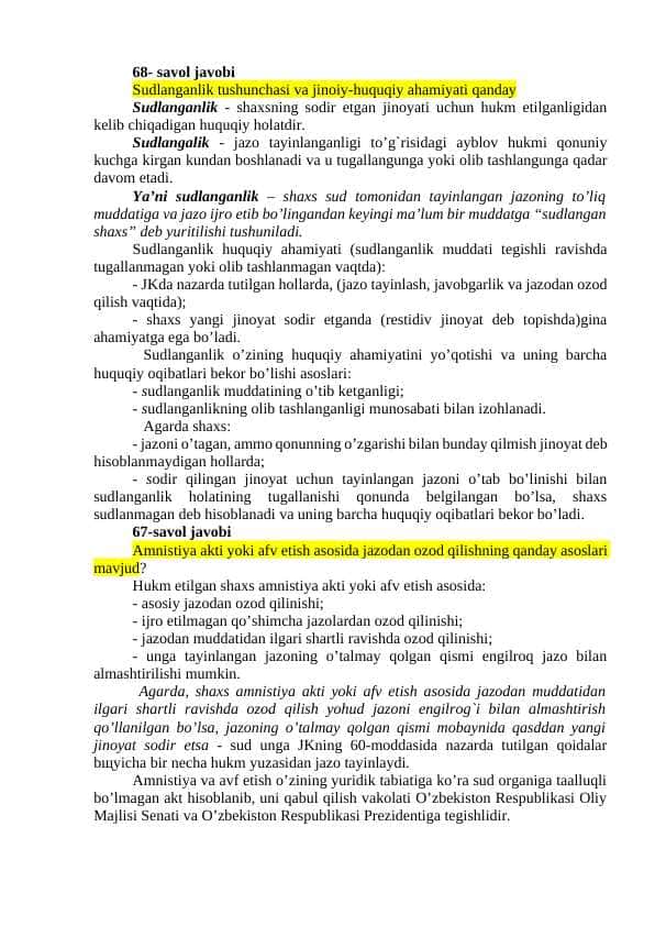 Jinoyat huquqidan testlarga javob