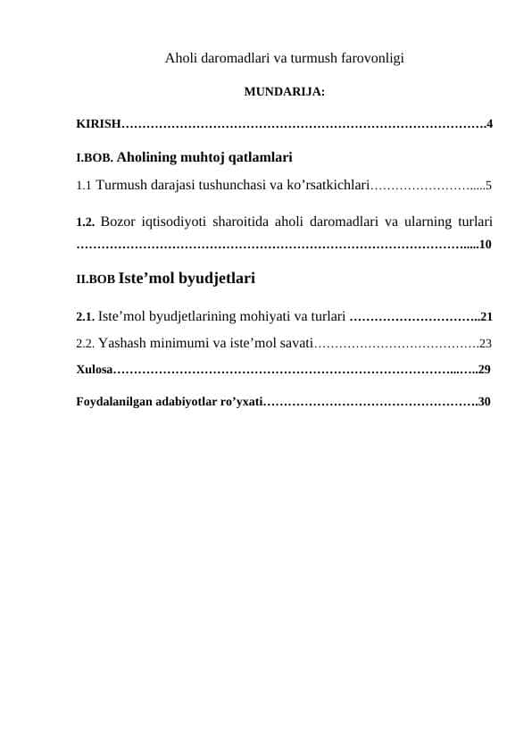 Aholi daromadlari va turmush farovonligi