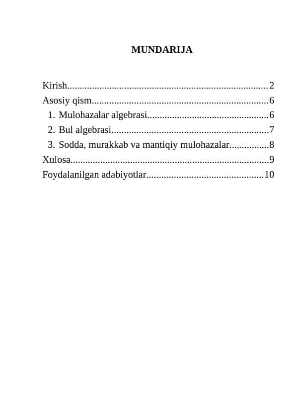 Kurs ishi Mulohazalar algebrasi Bul algebrasi