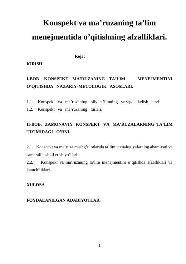 Konspekt va ma’ruzaning ta’lim menejmentida o’qitishning afzalliklari.