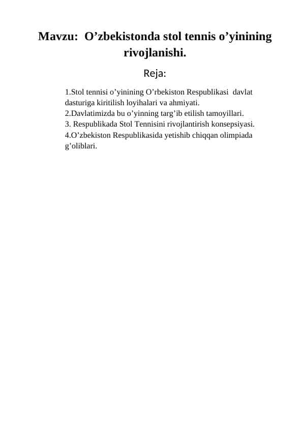 O’zbekistonda stol tennis o’yinining rivojlanishi
