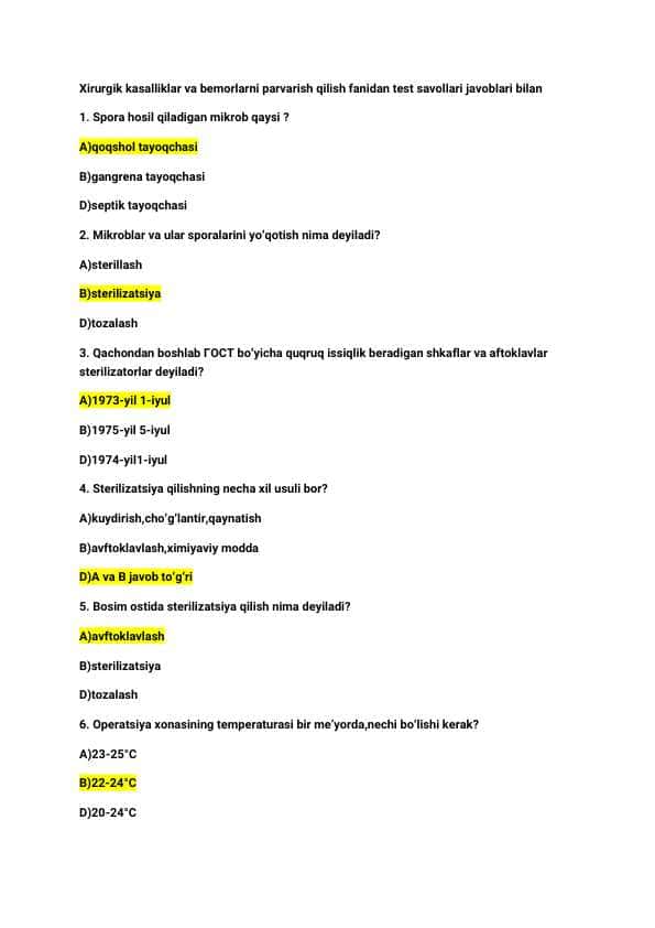 Xirurgik kasalliklar va bemorlarni parvarish qilish fani / test savollari / javoblari bilan